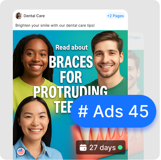 Dental Care social media post featuring three smiling young adults with text about braces for protruding teeth and a 27-day calendar icon.